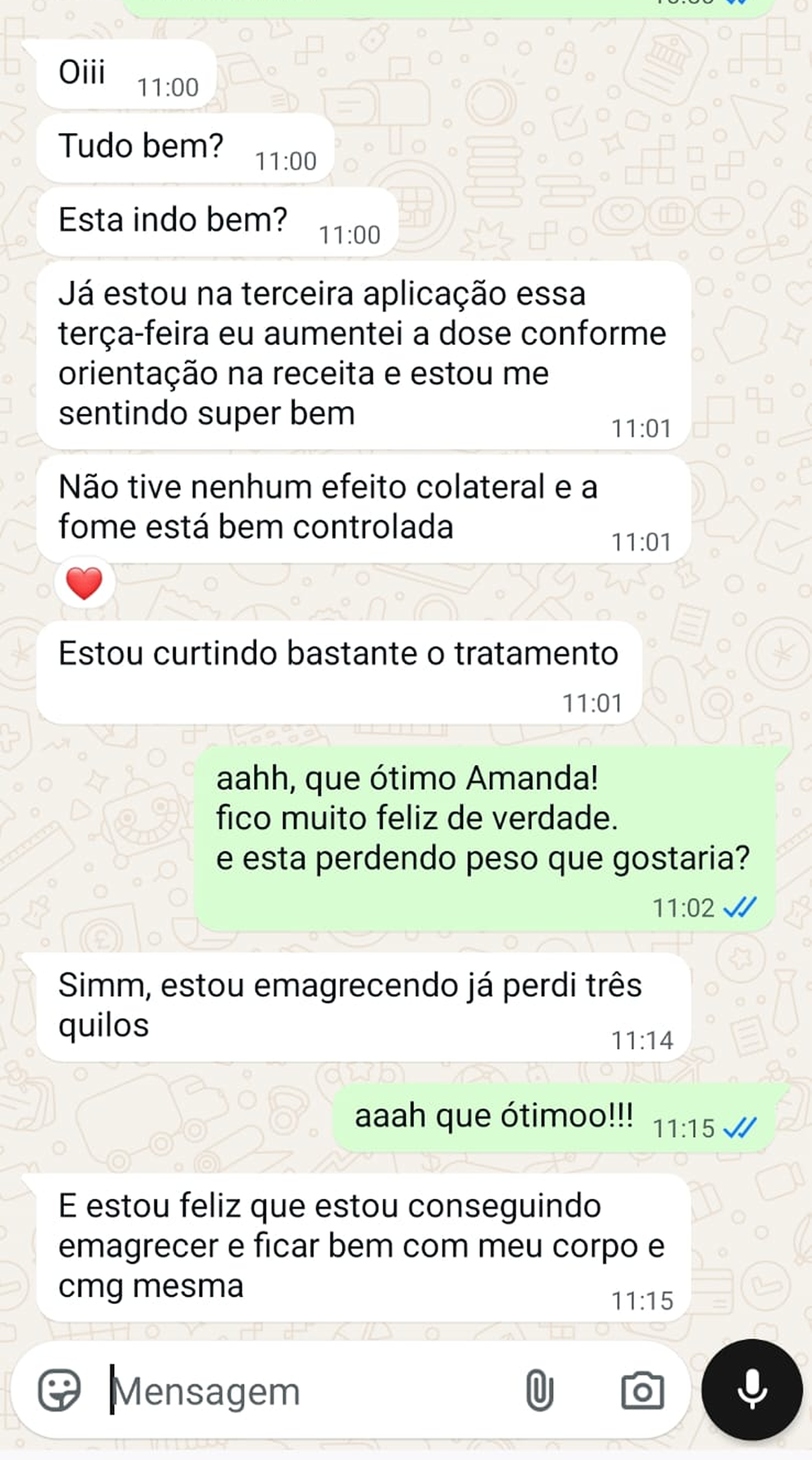 Print de WhatsApp: depoimento de paciente Slima